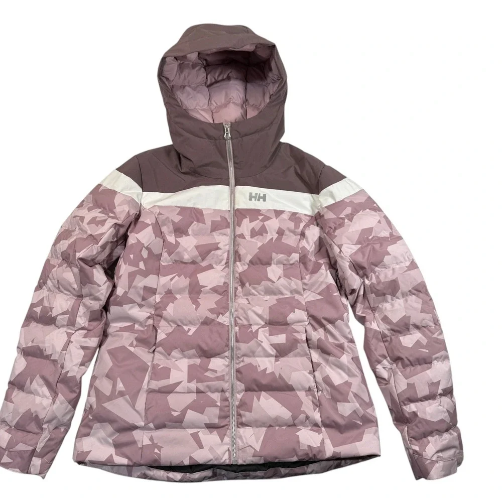 Helly Hansen Imperial Puffy Jacket Womens XL Camo Hoodie RECCO Ski Purple‎